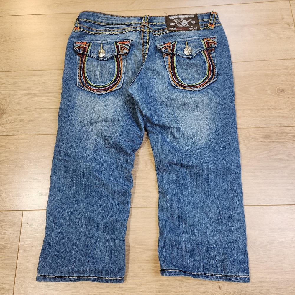 True Religion Billy Super T Capri Jeans Womens‎ 31 Blue Cropped Thick Stitch Y2K